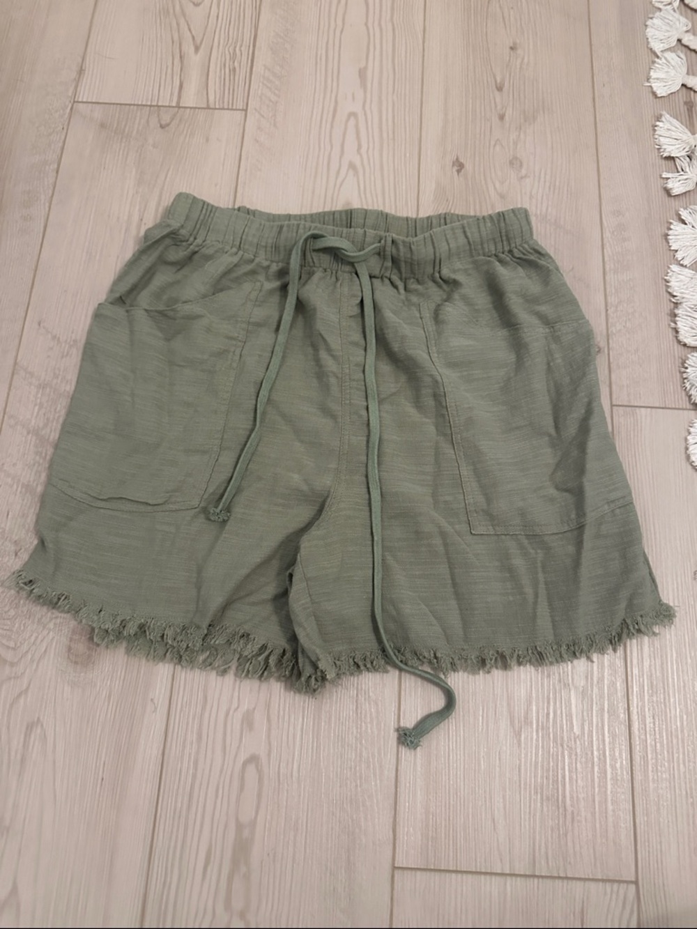 High-Waist Olive Green Drawstring Shorts with Frayed Hem